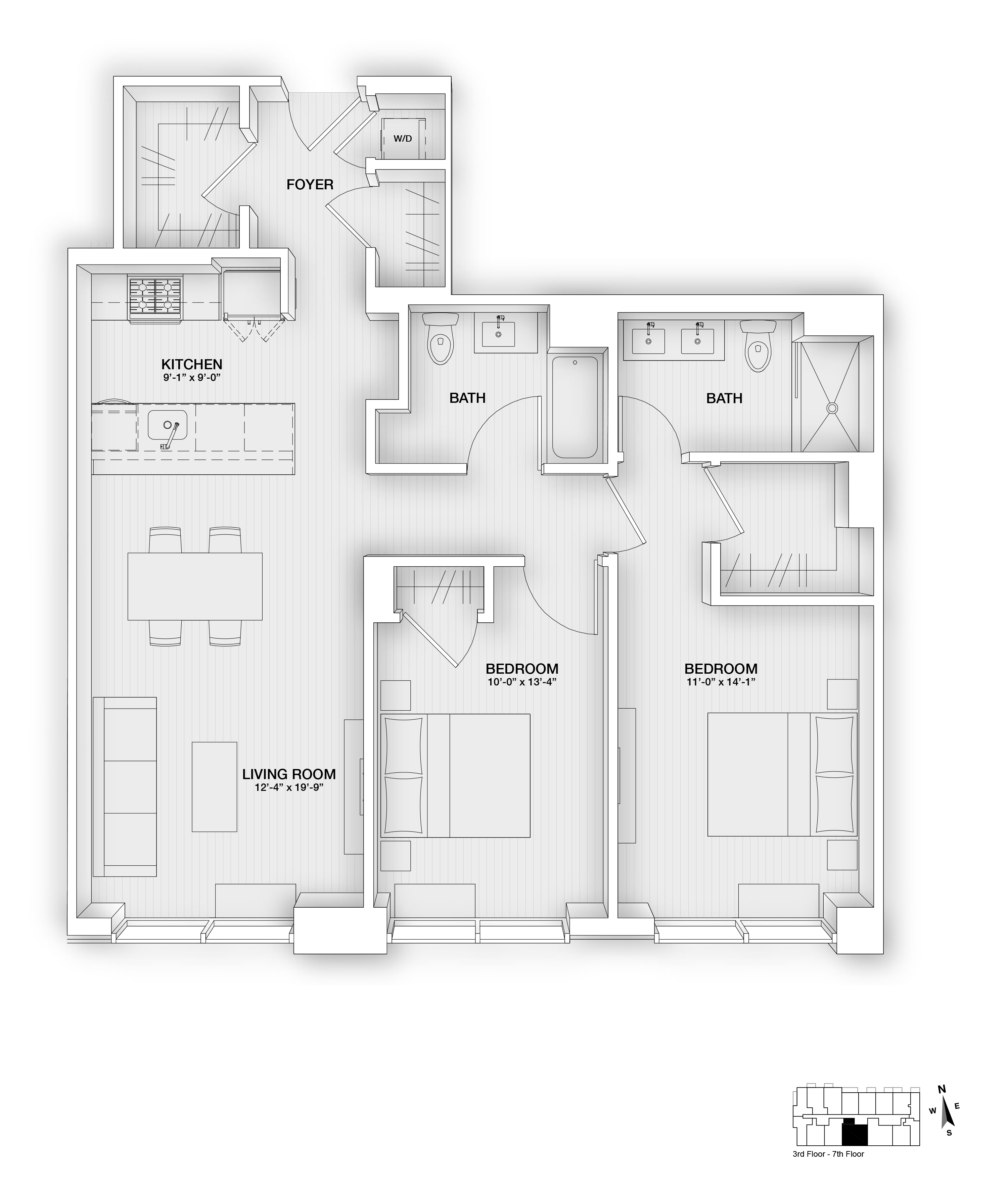 Floor plan for 2 beds, 2 baths, 1120 sqft